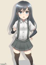Rule 34 | 10s, 1girl, arm warmers, asashio (kancolle), black hair, black thighhighs, blue eyes, hand on own hip, index finger raised, kantai collection, long hair, looking at viewer, nayuhi (yukimuu14), open mouth, pleated skirt, school uniform, shirt, skirt, solo, suspenders, thighhighs