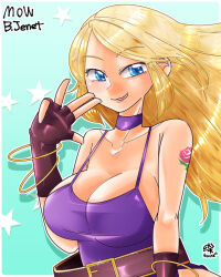 Rule 34 | 1girl, artist name, blonde hair, blue eyes, breasts, cleavage, dress, fatal fury, fingerless gloves, garou: mark of the wolves, gloves, jenet behrn, large breasts, long hair, looking at viewer, smile, snk, tattoo, tongue, tongue out