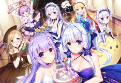 Rule 34 | 6+girls, :d, :o, absurdres, aged down, alcohol, ark royal (azur lane), asymmetrical bangs, azur lane, bare shoulders, belfast (azur lane), bell, black ribbon, blonde hair, blue eyes, blue flower, blue jacket, blue rose, blush, bottle, bow, breasts, brown dress, brown hair, brown hat, cake, champagne, champagne bottle, cleavage, closed mouth, cocktail glass, collarbone, commentary request, criss-cross halter, crown, cup, detached sleeves, dress, drinking glass, dutch angle, elbow gloves, english text, flower, food, food on body, food on breasts, gloves, glowing, gold trim, green eyes, hair bell, hair between eyes, hair bow, hair bun, hair flower, hair ornament, hair over one eye, hair ribbon, hairband, halterneck, hat, highres, holding, holding bottle, holding tray, hood (azur lane), hug, illustrious (azur lane), illustrious (never-ending tea party) (azur lane), indoors, jacket, javelin (azur lane), large breasts, little bel (azur lane), long hair, looking at viewer, maid, maid headdress, md5 mismatch, mini crown, mole, mole under eye, multiple girls, one side up, open mouth, parted lips, ponytail, puffy short sleeves, puffy sleeves, purple dress, purple eyes, purple hair, queen elizabeth (azur lane), resolution mismatch, ribbon, rose, short sleeves, side bun, silver hair, silveroid, single hair bun, single side bun, small breasts, smile, source smaller, strapless, strapless dress, striped clothes, striped hairband, tray, unicorn (azur lane), v-shaped eyebrows, very long hair, wavy mouth, white bow, white dress, white gloves
