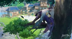 Rule 34 | 1girl, 3boys, aqua hair, architecture, armor, artist logo, bead necklace, beads, chinese commentary, commentary request, darkcatowo, detached sleeves, east asian architecture, genshin impact, gradient hair, highres, holding, holding polearm, holding weapon, in tree, jewelry, long sleeves, multicolored hair, multiple boys, necklace, old, old man, playing, polearm, primordial jade winged-spear (genshin impact), sidelocks, sitting, sitting in tree, spiked armor, tree, watching, weapon, wide sleeves, xiao (genshin impact)