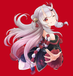 Rule 34 | 1girl, ;p, absurdres, bare shoulders, bell, black footwear, black kimono, closed mouth, double bun, full body, gradient hair, hair bell, hair bun, hair ornament, highres, hilamaru, hololive, horns, japanese clothes, jingle bell, kimono, long hair, long sleeves, looking at viewer, looking to the side, mask, mask on head, multicolored hair, nakiri ayame, nakiri ayame (1st costume), off shoulder, one eye closed, oni, oni mask, red background, red eyes, red hair, shoe soles, silver hair, simple background, skin-covered horns, smile, solo, streaked hair, thighhighs, tongue, tongue out, two side up, very long hair, virtual youtuber, white thighhighs, wide sleeves