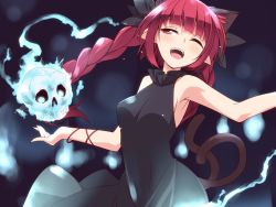 Rule 34 | 1girl, ;d, alternate costume, animal ears, armpits, bare shoulders, black bow, black dress, blush, bow, braid, breasts, cat ears, cat tail, dress, extra ears, hair bow, hemogurobin a1c, hitodama, kaenbyou rin, long hair, looking away, multiple tails, one eye closed, open mouth, pointy ears, red eyes, red hair, sideboob, sleeveless, sleeveless dress, small breasts, smile, solo, spirit, tail, touhou, twin braids, two tails, upper body