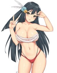 Rule 34 | 10s, 1girl, arcie albano, bikini, bikini bottom only, black hair, blush, breasts, brown eyes, cleavage, commentary, cowboy shot, feather hair ornament, feathers, flower, hair flower, hair ornament, highleg, highleg panties, highres, large breasts, long hair, looking at viewer, love live!, love live! nijigasaki high school idol club, love live! school idol festival, one side up, open mouth, panties, sarashi, solo, standing, swimsuit, underwear, white background, yuki setsuna (love live!)