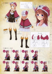 Rule 34 | 1girl, absurdres, atelier (series), atelier rorona, belt, blue eyes, blush, boots, bracelet, brown hair, capelet, character sheet, concept art, dress, expressions, female focus, hat, highres, jewelry, kishida mel, knee boots, looking at viewer, multiple views, necklace, non-web source, official art, open mouth, pendant, production art, rororina fryxell, simple background, smile