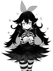 Rule 34 | 1girl, closed mouth, ddari, dress, greyscale, hair between eyes, hair ribbon, hands up, highres, layered sleeves, long hair, long sleeves, looking at viewer, monochrome, multicolored hair, pantyhose, pointy ears, ribbon, short over long sleeves, short sleeves, simple background, sleeves past wrists, solo, striped clothes, striped pantyhose, two-tone hair, very long hair, wavy mouth, white background, zakuro (rariatto)