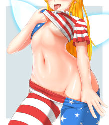 Rule 34 | 1girl, american flag dress, american flag legwear, blonde hair, breasts, clothes lift, clothes pull, clownpiece, cowboy shot, dress, dress lift, fairy wings, grey background, groin, highres, lifted by self, long hair, md5 mismatch, midriff, navel, nekoda (maoda), no bra, no panties, open mouth, pantyhose, pantyhose pull, resolution mismatch, revision, saliva, shiny skin, shirt lift, short sleeves, simple background, small breasts, solo, source smaller, standing, stomach, striped clothes, striped pantyhose, thighs, tongue, tongue out, touhou, underboob, wings