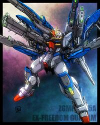 Rule 34 | absurdres, artist logo, beam cannon, beam rifle, black border, border, character name, commentary request, dual wielding, energy gun, freedom gundam, full body, green eyes, gun, gundam, gundam seed, highres, holding, holding gun, holding weapon, legs apart, looking ahead, mecha, mechanical wings, mobile suit, moyan, no humans, original, outside border, redesign, robot, science fiction, solo, twitter username, v-fin, weapon, wings