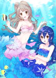 Rule 34 | 10s, 2girls, absurdres, blue hair, blush, commentary request, earrings, fish, grey hair, hair between eyes, hair ornament, highres, jewelry, kakizato, long hair, love live!, love live! school idol festival, love live! school idol project, mermaid, mermaid costume, midriff, minami kotori, monster girl, multiple girls, navel, one side up, open mouth, smile, sonoda umi, underwater, water, yellow eyes