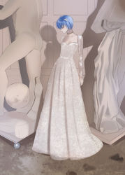 Rule 34 | 1girl, arms at sides, ayanami rei, blue hair, closed eyes, colored eyelashes, commentary request, contrapposto, dress, full body, hair between eyes, hairpods, highres, jewelry, korean commentary, long dress, long sleeves, nani (s2 nani), neck ring, neon genesis evangelion, profile, shadow, short hair, solo, standing, statue, white dress