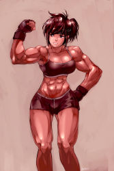 Rule 34 | 1girl, abs, antenna hair, armpits, biceps, breasts, brown eyes, brown hair, cleavage, clenched hand, daimon akiko, david liu, fingerless gloves, flexing, gloves, grin, hand on own hip, headband, highres, hip focus, large breasts, legs, looking away, midriff, muscular, muscular female, narrow waist, navel, ponytail, raised fist, short hair, short shorts, shorts, sidelocks, signature, simple background, smile, solo, sports bra, standing, taisen hot gimmick, taisen hot gimmick 4ever, thick thighs, thighs, wide hips