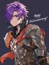 Rule 34 | 1boy, armor, asymmetrical clothes, cape, closed mouth, fire emblem, fire emblem: three houses, fire emblem warriors: three hopes, hair over one eye, highres, looking at viewer, nintendo, orange cape, purple eyes, purple hair, shez (fire emblem), shez (male) (fire emblem), short hair, simple background, smile, yuurururun