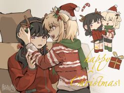 Rule 34 | 2girls, antlers, black hair, black shorts, blonde hair, blush, bright pupils, candy, candy cane, chinese commentary, christmas, closed eyes, commentary request, cushion, food, gift, green scarf, green socks, hand on another&#039;s arm, hands on another&#039;s head, hat, highres, horns, inoue takina, long hair, long sleeves, looking at another, lycoris recoil, medium hair, merry christmas, multiple girls, nishikigi chisato, open mouth, orange eyes, parted lips, purple eyes, red socks, red sweater, reindeer antlers, santa hat, scarf, shorts, smile, socks, striped clothes, striped sweater, sweater, twintails, white pupils, yanlingjinshilihuahua, yuri