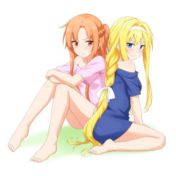 Rule 34 | 2girls, absurdres, alice zuberg, asuna (sao), bare legs, bare shoulders, barefoot, blonde hair, blue dress, blue eyes, brown eyes, brown hair, dress, feet, felutiahime, from side, hairband, highres, long hair, multiple girls, no pants, parted bangs, pink dress, ponytail, simple background, sword art online, sword art online: alicization, white hairband