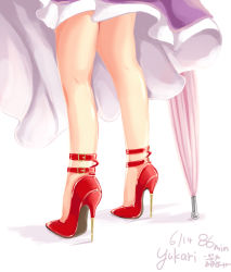 Rule 34 | 1girl, artist name, character name, close-up, closed umbrella, completion time, dated, dress, female focus, high heels, highres, ichirino minagi, legs, lower body, one-hour drawing challenge, red footwear, shoes, signature, simple background, skirt, socks, solo, stiletto heels, too literal, touhou, umbrella, waist down, white background, yakumo yukari