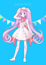 Rule 34 | 1girl, arm up, back bow, blue background, boots, bow, closed mouth, coat, full body, hat, high heels, knee boots, long hair, long sleeves, looking at viewer, manaka laala, nanceee 305, peaked cap, pink bow, pretty series, pripara, purple hair, salute, smile, solo, standing, string of flags, thighhighs, twintails, very long hair, white coat, white footwear, white hat, white thighhighs