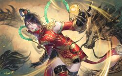 Rule 34 | 1girl, absurdres, alternate costume, animification, apex legends, black gloves, black hair, black shorts, black thighhighs, breasts, catalyst (apex legends), china dress, chinese clothes, detached sleeves, dragon, dress, eastern dragon, gloves, green eyes, hair between eyes, highres, king.cc, looking at viewer, medium breasts, open hand, red dress, red lips, shorts, skindentation, solo, thighhighs
