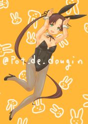 Rule 34 | 1girl, absurdres, alternate costume, animal ears, ayanami (kancolle), black footwear, black leotard, black pantyhose, breasts, brown hair, brown ribbon, detached collar, forehead, full body, high heels, highres, kantai collection, leotard, long hair, neck ribbon, orange background, pantyhose, parted bangs, playboy bunny, pot-de, rabbit background, rabbit ears, rabbit pose, ribbon, side ponytail, small breasts, solo, strapless, strapless leotard, twitter username, very long hair, wrist cuffs