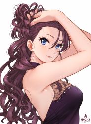 Rule 34 | 1girl, :3, arms up, artist logo, backless dress, backless outfit, bare shoulders, blue eyes, blush, breasts, brown hair, cleavage, closed mouth, dress, earrings, from side, hair between eyes, halter dress, halterneck, hands in hair, highres, ichinose shiki, idolmaster, idolmaster cinderella girls, infinote, jewelry, lips, long hair, looking at viewer, medium breasts, purple dress, see-through, see-through cleavage, simple background, sleeveless, sleeveless dress, smile, solo, wavy hair, white background
