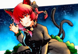Rule 34 | 1girl, animal ears, bad id, bad twitter id, bell, black bow, black dress, blush, bow, braid, breasts, cat ears, cat tail, dress, fang, fingernails, hair bow, highres, jingle bell, juliet sleeves, kaenbyou rin, large breasts, long hair, long sleeves, multiple tails, open mouth, orange eyes, puffy sleeves, qqqrinkappp, red hair, skin fang, smile, solo, tail, touhou, traditional media, twin braids, two tails