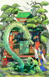 Rule 34 | 1girl, animal, architecture, basket, bird, black hair, blue robe, chinese clothes, commentary request, day, dragon, east asian architecture, eastern dragon, eye contact, feeding, fish, flower, frog, garden, giving, hair flower, hair ornament, hair rings, hanfu, highres, holding, holding animal, jizou, lattice, long sleeves, looking at another, magic iris, mountainous horizon, nature, octopus, open door, original, outdoors, partially submerged, pond, railing, red ribbon, ribbon, robe, rock, sash, scenery, shrine, standing, statue, summer, tassel, tree, veranda, wide sleeves, wooden floor