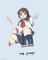 Rule 34 | 1girl, :o, artist name, black socks, blouse, brown eyes, brown hair, from below, giant, giantess, grey background, grey sailor collar, grey skirt, hair over shoulder, highres, kneehighs, looking at viewer, low twintails, neckerchief, open mouth, original, perspective, pleated skirt, red eyes, red neckerchief, sailor collar, school uniform, serafuku, shapoco, shirt, short sleeves, skirt, socks, solo, squatting, twintails, twitter username, white shirt