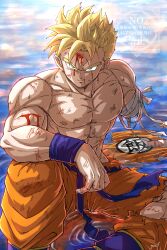 1boy abs absurdres battle_damage blonde_hair blood blood_on_face dragon_ball dragonball_z green_eyes highres male_focus muscular muscular_male orange_pants pants partially_submerged scar scar_across_eye short_hair sitting solo son_gohan_(future) spiked_hair super_saiyan super_saiyan_1 topless torn_clothes torn_pants watermark yui_fightpaint