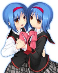 Rule 34 | 2girls, black vest, blue hair, bow, brown eyes, cowboy shot, grey skirt, hairband, holding hands, little busters!, looking at viewer, multiple girls, nishizono midori, nishizono mio, otou (otou san), pink bow, plaid, plaid skirt, red hairband, school uniform, short hair, siblings, simple background, sisters, skirt, twins, vest, white background