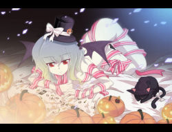 Rule 34 | 1girl, animal, auer, bad id, bad pixiv id, blue hair, candy, cat, female focus, food, halloween, hat, jack-o&#039;-lantern, letterboxed, lying, mini hat, mini top hat, naked ribbon, nude, pumpkin, red eyes, remilia scarlet, ribbon, short hair, solo, top hat, touhou, wings, witch hat