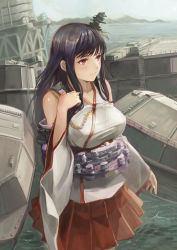 Rule 34 | 10s, 1girl, bare shoulders, black hair, breasts, fusou (kancolle), hair ornament, kantai collection, large breasts, long hair, machinery, miniskirt, mountain, nontraditional miko, pleated skirt, red eyes, resolution mismatch, skirt, solo, tan taka, water, wide sleeves