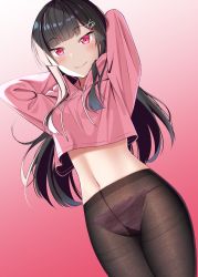 Rule 34 | 1girl, arms behind head, black hair, black pantyhose, closed mouth, commentary request, crop top, crotch seam, dutch angle, fine fabric emphasis, gradient background, gurande (g-size), hair ornament, hairclip, hands up, highres, hood, hood down, hoodie, long hair, long sleeves, looking at viewer, narumiya tsukasa, navel, original, panties, panties under pantyhose, pantyhose, pink background, pink hoodie, pink panties, red eyes, smile, solo, thighband pantyhose, underwear, very long hair, white background, x hair ornament