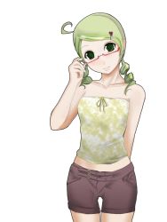 Rule 34 | 00s, 1girl, adjusting eyewear, aged up, ahoge, arm behind back, bare shoulders, belt, bespectacled, blush, casual, chemical-x, crop top, drill hair, flat chest, glasses, green eyes, green hair, hair ornament, hairclip, head tilt, heart, kanaria, looking at viewer, matching hair/eyes, midriff, red-framed eyewear, ribbon, rozen maiden, semi-rimless eyewear, short hair, short shorts, shorts, simple background, smile, solo, standing, swept bangs, thigh gap, thighs, twin drills, twintails, under-rim eyewear, white background