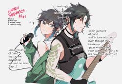Rule 34 | 2boys, absurdres, androgynous, arm tattoo, bad id, bad twitter id, bare shoulders, black gloves, black hair, blue eyes, blue hair, braid, choker, closed mouth, diamond (shape), ear piercing, earrings, english text, facial mark, forehead mark, genshin impact, gloves, gradient hair, green hair, guitar, highres, holding, holding instrument, holding microphone, homilily, instrument, jacket, unworn jacket, jewelry, looking at viewer, male focus, microphone, multicolored hair, multiple boys, musical note, necklace, open mouth, parted bangs, piercing, short hair with long locks, sidelocks, simple background, sleeveless, smile, sweat, tattoo, turtleneck, twin braids, two-tone hair, venti (genshin impact), xiao (genshin impact), yellow eyes