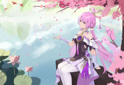 Rule 34 | 1girl, absurdres, arm support, bare shoulders, cherng, cherry blossoms, commentary, dress, feet out of frame, fu xuan (honkai: star rail), hair rings, highres, honkai: star rail, honkai (series), long hair, pantyhose, pink eyes, pink hair, sitting, solo, very long hair, white pantyhose