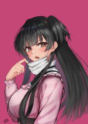 Rule 34 | 1girl, black hair, blunt bangs, blush, breasts, brown eyes, c-da, dated, highres, idolmaster, idolmaster shiny colors, large breasts, long hair, long sleeves, mask, mask pull, mayuzumi fuyuko, mouth mask, open mouth, pink background, pink shirt, shirt, sidelocks, signature, simple background, solo, surgical mask, two side up, upper body