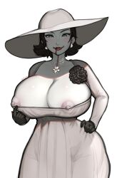 Rule 34 | 1girl, alcina dimitrescu, black flower, black gloves, black hair, black rose, blood, blood on face, blush, breasts, cleavage, closed mouth, clothes pull, dress, dress pull, earrings, flower, gloves, hand on own hip, hat, heart, heart-shaped pupils, highres, huge breasts, jewelry, lips, lipstick, long sleeves, looking at viewer, makeup, mariezone, necklace, nipples, pale skin, pulling own clothes, red lips, resident evil, resident evil village, rose, shade, short hair, simple background, smile, solo, sun hat, symbol-shaped pupils, white background, white dress, white hat