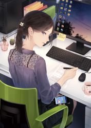 Rule 34 | 1girl, absurdres, binder, black skirt, blue eyes, bottle, brown hair, cactus, cellphone, chair, coffee, coffee mug, computer, cup, desk, earrings, flower, hair flower, hair ornament, highres, indoors, jewelry, keyboard (computer), looking at viewer, looking back, monitor, mouse (computer), mug, nyaon oekaki, office lady, original, paper, perfume bottle, phone, plant, ponytail, potted plant, sitting, skirt, smartphone, sticky note, writing