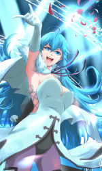 Rule 34 | 1girl, :d, absurdres, ahoge, armpits, black leotard, blue dress, blue eyes, blue hair, breasts, cleavage, cowboy shot, dress, floating hair, front slit, gloves, hair between eyes, highres, large breasts, leotard, long hair, mercury xeno, open mouth, pantyhose, purple pantyhose, smile, solo, standing, straight hair, strapless, strapless dress, very long hair, vivy, vivy: fluorite eye&#039;s song, white gloves