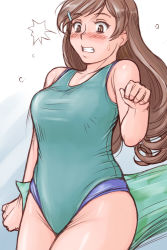 Rule 34 | 00s, 1girl, aged up, blush, breasts, brown hair, competition swimsuit, curvy, female focus, gradient background, large breasts, long hair, one-piece swimsuit, rozen maiden, solo, suiseiseki, surprised, swimsuit, tsuda nanafushi