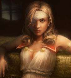 Rule 34 | 00s, 1girl, beatrix, breasts, brown eyes, brown hair, cleavage, couch, drill hair, earrings, eyepatch, final fantasy, final fantasy ix, highres, htanjo, jewelry, light smile, lips, looking at viewer, mole, realistic, shaded face, short hair, sleeveless, solo