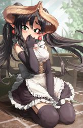Rule 34 | 1girl, alternate costume, apron, bad id, bad twitter id, black corset, black gloves, black hair, black thighhighs, blush, breasts, commentary, corset, covering own mouth, dragon girl, dragon horns, dragon tail, dress, dress tug, earrings, elbow gloves, embarrassed, english commentary, enmaided, frills, full body, garter straps, gloves, green eyes, green tail, highres, horns, jewelry, kneeling, long hair, looking at viewer, maid, maid apron, medium breasts, melaton, mythic live, nako ryu, pointy ears, second-party source, short eyebrows, solo, spiked tail, tail, thighhighs, twintails, virtual youtuber, waist apron