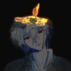 Rule 34 | 1boy, blood, bloody tears, blue hair, candle, candlelight, closed mouth, collared shirt, commentary request, fire, grey hair, hair between eyes, head tilt, highres, human furniture, looking at viewer, male focus, nagisa kaworu, neon genesis evangelion, partially colored, portrait, shirt, short hair, simple background, smile, solo, surreal, yexuan825