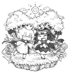 Rule 34 | 1boy, 1girl, :d, :o, animal, bandages, bandages, bandages over eyes, barefoot, blind prince, cape, chibi, crown, dress, closed eyes, flower, greyscale, holding hands, highres, liar princess, long hair, mini crown, monochrome, naga u, open mouth, outstretched arm, parted lips, pointing, puffy short sleeves, puffy sleeves, robe, sharp teeth, short eyebrows, short sleeves, smile, sun symbol, teeth, thick eyebrows, tree, usotsuki hime to moumoku ouji, very long hair, wide sleeves