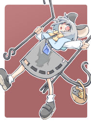 Rule 34 | 1girl, :o, animal ears, basket, black footwear, bow, capelet, cheese, crystal, dowsing rod, dress, food, grey dress, grey hair, grey skirt, grey vest, highres, holding, jewelry, layered clothes, long sleeves, mouse (animal), mouse ears, mouse girl, mouse tail, nazrin, outstretched arms, pendant, red background, red eyes, shirt, shoes, short hair, simple background, skirt, skirt set, socks, solo, standing, tail, touhou, vest, walking, white capelet, white shirt, yamasina009, yellow bow
