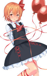 Rule 34 | 1girl, ascot, blouse, blush, bow, collar, collared shirt, dress bow, hair between eyes, hair ribbon, highres, long sleeves, looking at viewer, orange hair, red ascot, red eyes, red ribbon, ribbon, roke (taikodon), rumia, shirt, short hair, simple background, solo, touhou, white background, white shirt