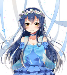 Rule 34 | 1girl, arms behind back, bad id, bad pixiv id, bare shoulders, blue hair, blush, choker, commentary request, dress, earrings, flower, hair between eyes, hair ornament, head wreath, jewelry, long hair, looking at viewer, love live!, love live! school idol project, smile, solo, sonoda umi, upper body, yasuna (nanjiang), yellow eyes, yume no tobira