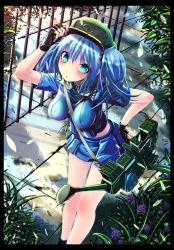 Rule 34 | 1girl, :o, aqua eyes, bare legs, blue eyes, blue hair, blush, border, breasts, female focus, fingerless gloves, flower, gloves, hair bobbles, hair ornament, hand on own hip, hat, impossible clothes, impossible shirt, kabutoyama, kawashiro nitori, large breasts, leaning forward, matching hair/eyes, multicolored eyes, shirt, short hair, skirt, solo, touhou, twintails, two side up, watering can