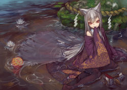 Rule 34 | 1girl, animal ear fluff, animal ears, ball, bare shoulders, black pantyhose, in water, long hair, mouth hold, original, pantyhose, red eyes, shoes, unworn shoes, silver hair, sitting, smile, solo, suzuno (bookshelf), temari ball, very long hair, wet, wet clothes