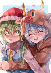 Rule 34 | 2girls, absurdres, animal costume, blue background, blue hair, blue nails, cirno, closed eyes, collared shirt, commentary request, daiyousei, fairy wings, green eyes, green hair, hair between eyes, hat, heart, highres, hug, hug from behind, long sleeves, mahoro (minase mahoro), multiple girls, nail polish, open mouth, red headwear, reindeer costume, santa hat, shirt, simple background, teeth, touhou, upper body, upper teeth only, white shirt, wings