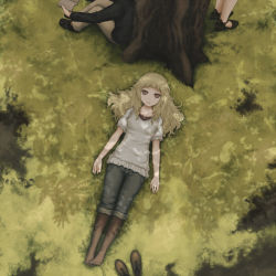 Rule 34 | 1girl, blonde hair, book, brown eyes, feet, from above, lying, on back, on ground, original, pantyhose, parted lips, shoes, unworn shoes, solo focus, tree, tree shade, when you see it, yajirushi (chanoma)
