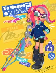 Rule 34 | 1girl, bike shorts, blue eyes, blue hoodie, commission, euraru, fangs, glasses, gun, hand on own hip, holding, holding gun, holding weapon, hood, hoodie, nintendo, octoling girl, octoling player character, one eye closed, open mouth, red hair, shoes, signature, skeb commission, solo, splatoon (series), squiffer (splatoon), tentacle hair, weapon